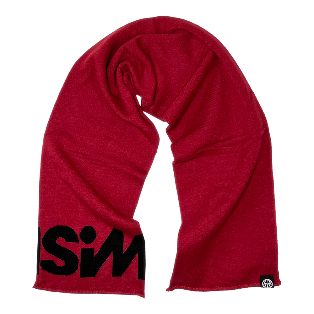 A maroon red scarf with black SiM logo.