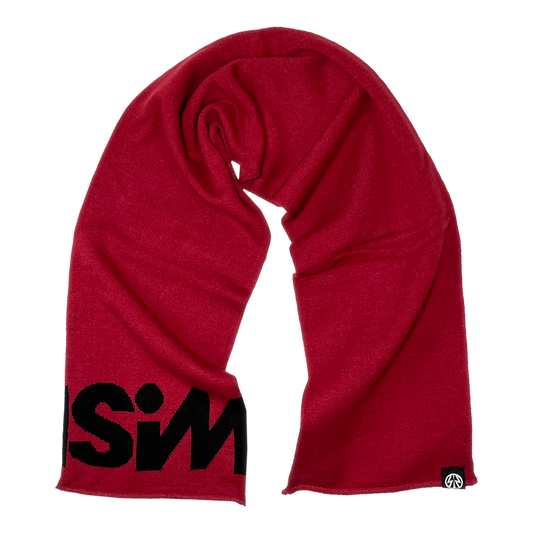 A maroon red scarf with black SiM logo.