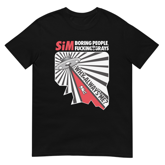 Black cotton t shirt with custom spaceship artwork on the front from SIM the band
