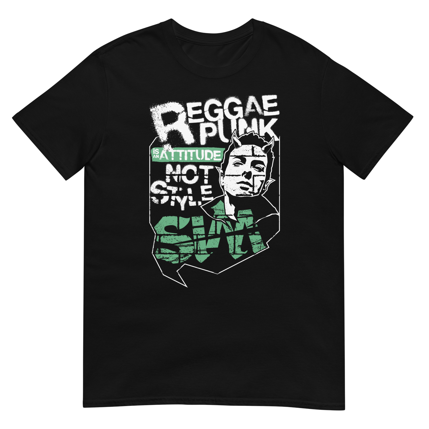 Black cotton t shirt with custom Reggae Punk artwork on the front from SIM the band