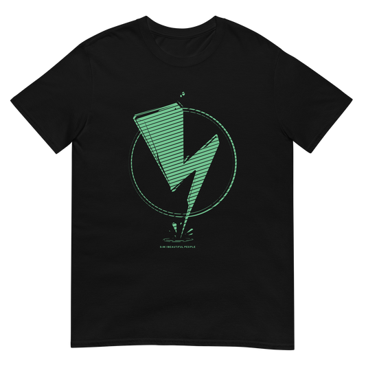 Black cotton black t shirt with green custom artwork on the front from SIM the band