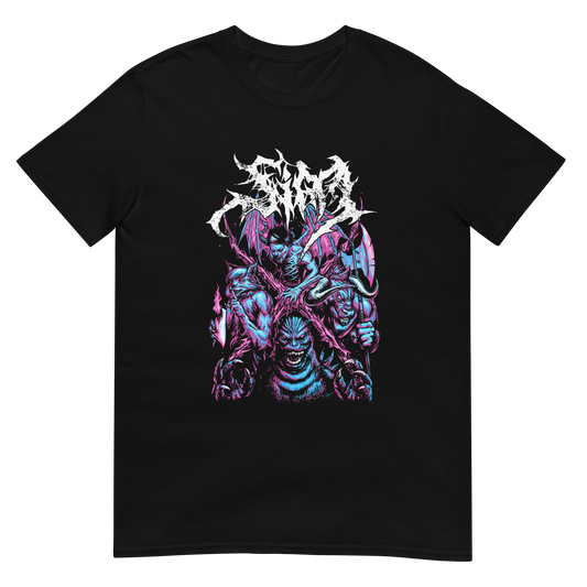 Black cotton t shirt with custom monster artwork on the front from SIM the band